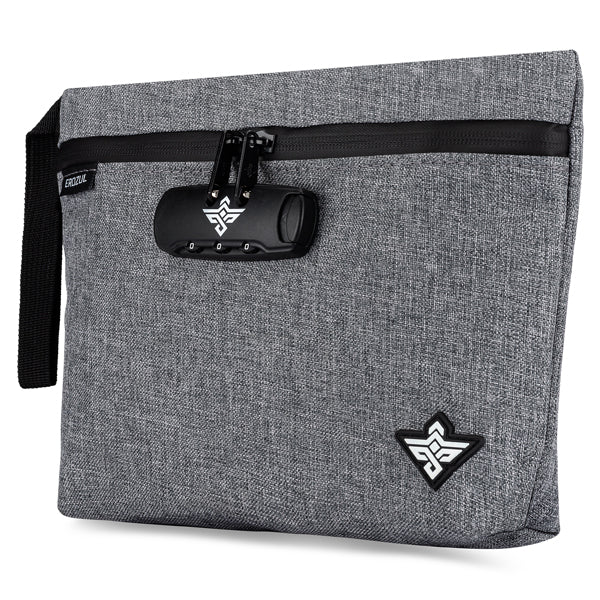 The Erozul Orion 11 Smell Proof Bag features gray fabric, a black zipper, combination lock for security, water resistance, and a logo patch at the bottom right.